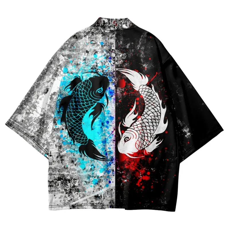 

Plus Size Fashion Streetwear Black Tai Chi Print Haori Men Women Cardigan Beach Yukata Asian Clothes Japanese Cosplay Kimono