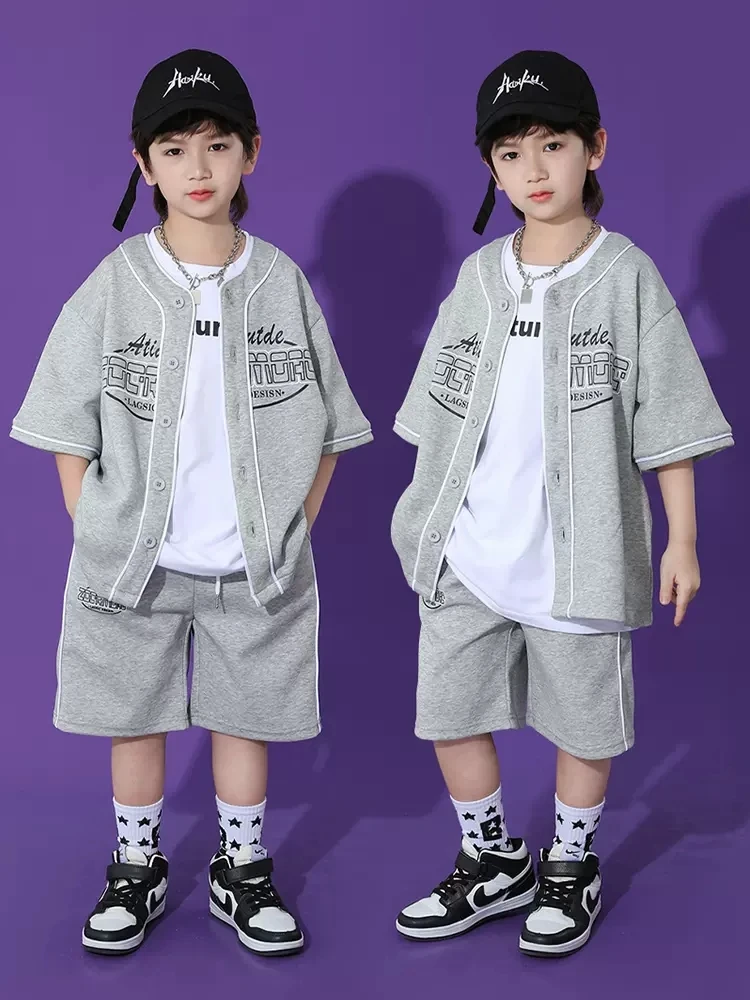 

Summer Boys Hip Hop Clothes Short Sleeves Gray Coat Shorts Summer Kids Street Dance Costume Loose Performance Suit Girls BL10544