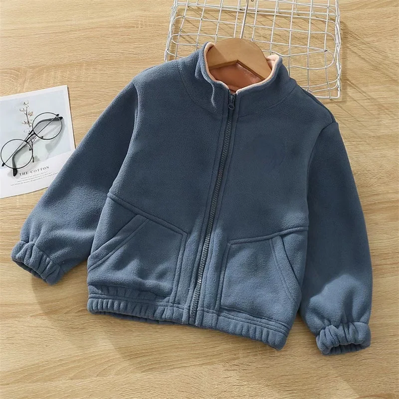 Kids Fleece Jackets Children Autumn Winter Plus Velvet Coats Boys Girls Thick Solid-Color Outerwear Teenager Casual Clothing 125