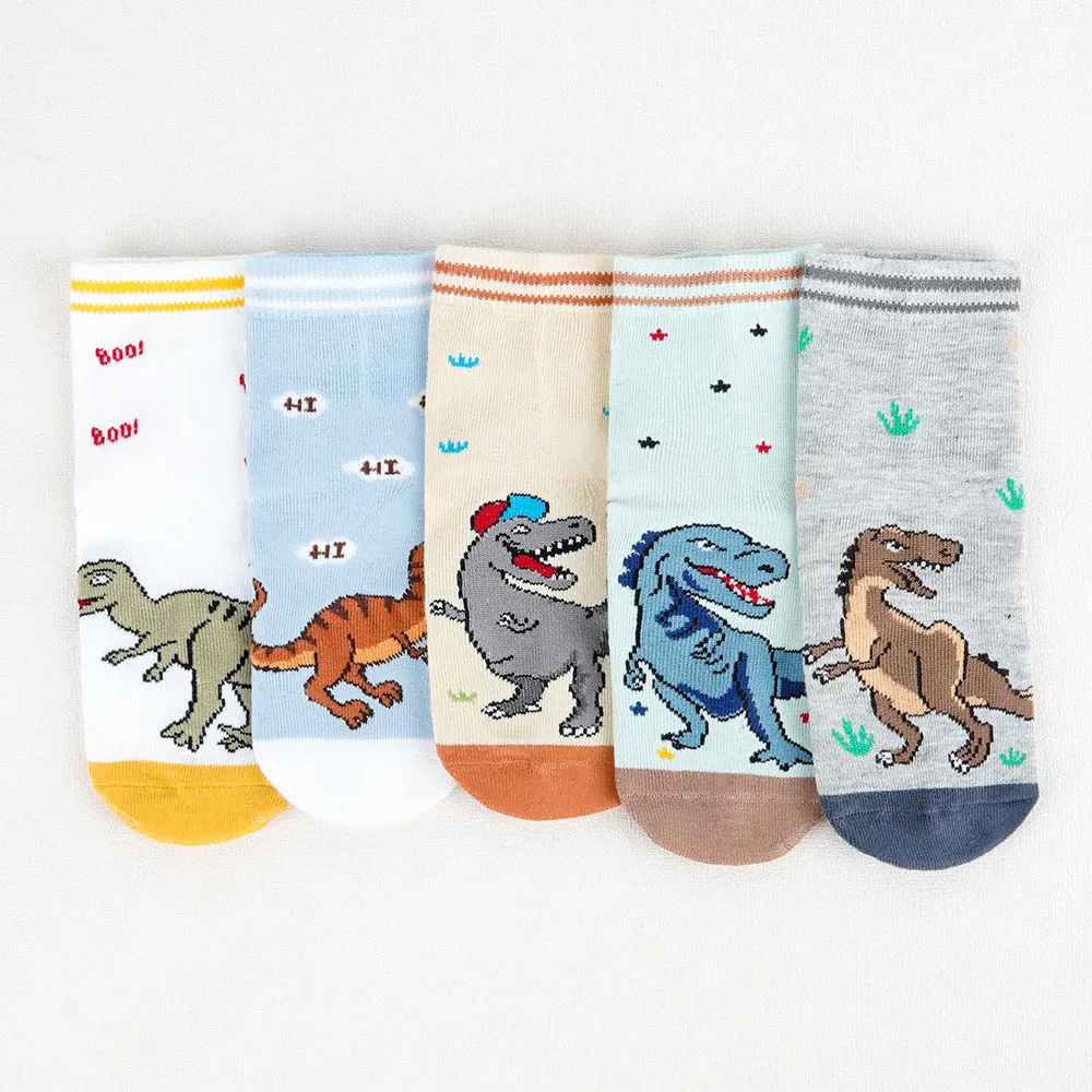 5 Pairs Boys Socks Cartoon Dinosaur Pattern Baby Children Kids Socks For All Seasons