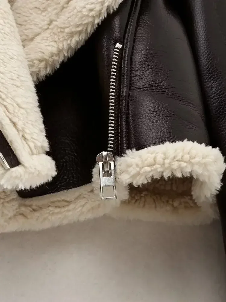 Nueva moda para mujer, chaqueta corta ajustada de piel sintética de doble cara, abrigo retro de manga larga con cremallera, top elegante para mujer