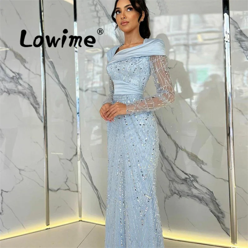 Blue Aso Ebi Beaded Mermaid Prom Dresses Sequined Lace Evening Party Second Reception Birthday Engagement Gowns Robe De Soiree