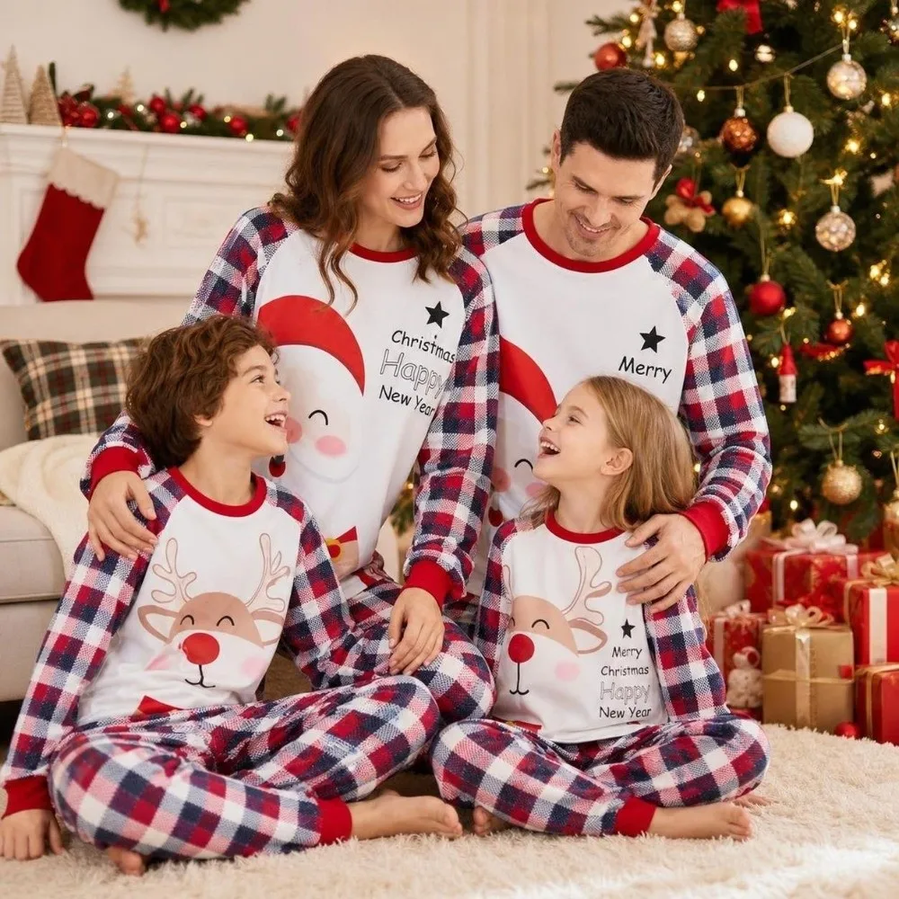 Soft Long Sleeve Christmas Pyjamas Set Santa Claus Deer Family Matching Pyjamas Two Piece Set Plaid Printed Top+Pants Loungewear