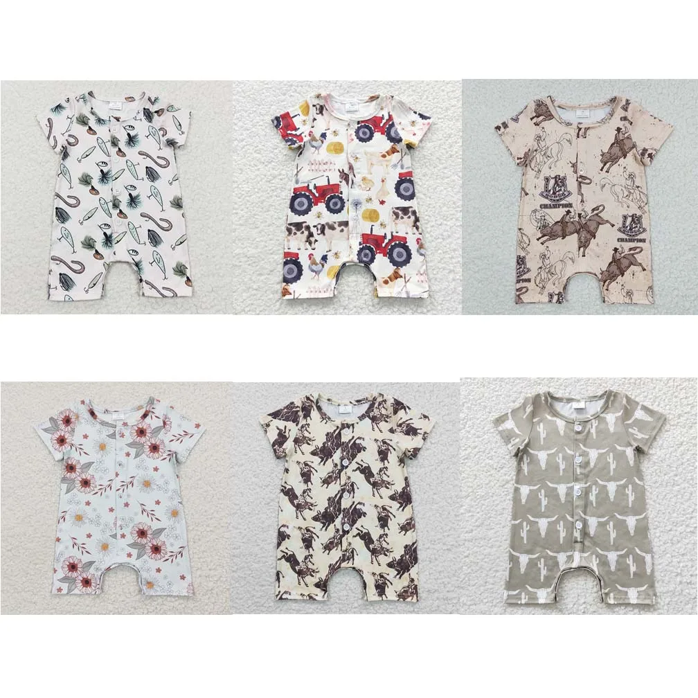 

Wholesale Baby Boy Newborn Cow Romper Short Sleeve Bubble Floral Jumpsuit Kid Toddler Summer Button Up One-piece Fishing Clothes
