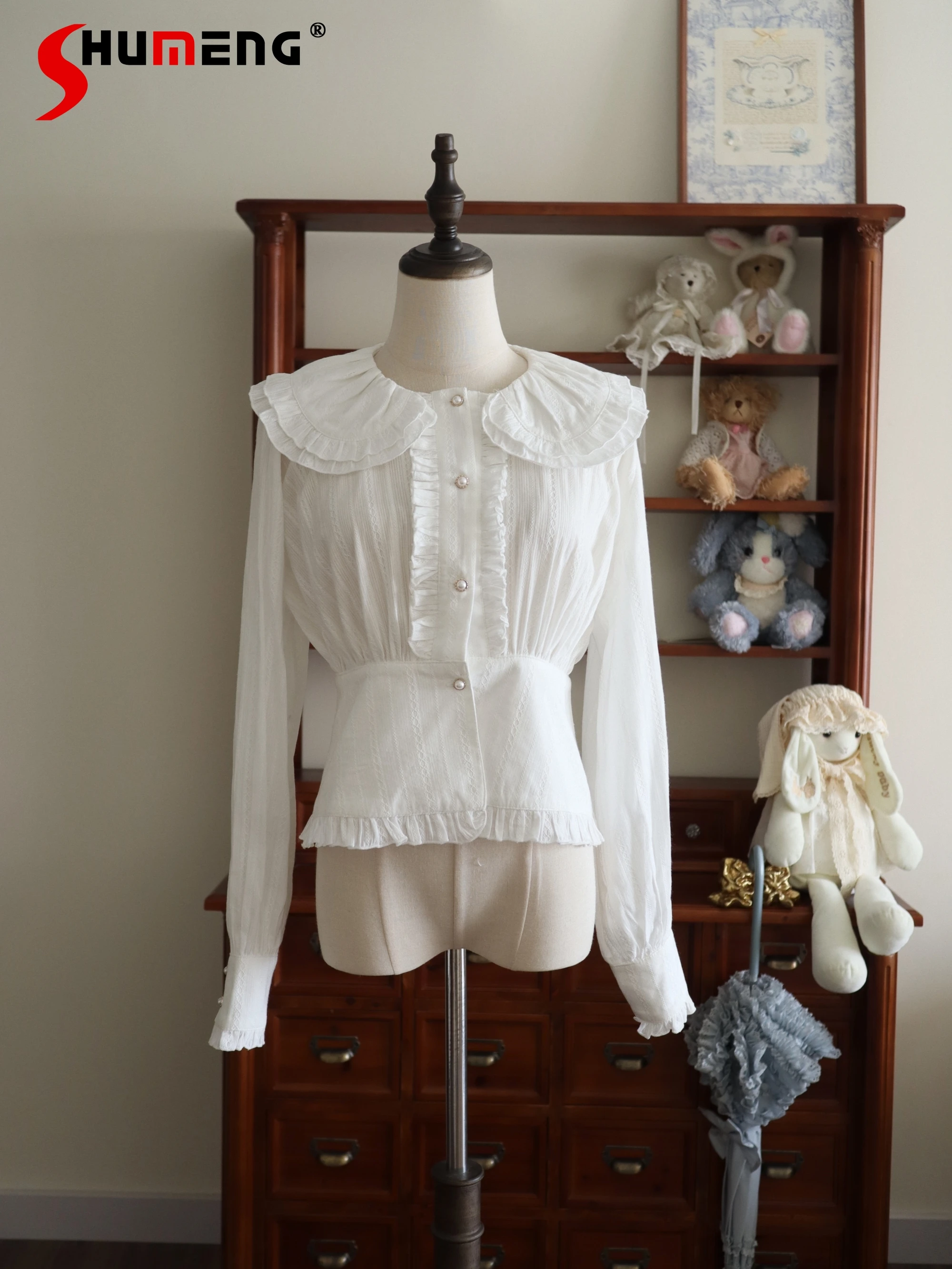 

Japanese Style Simple Sweet Lolita Blouse Ruffles Doll Collar Long Sleeve Single Breasted Slim Fit Inner Shirt Top Women Summer