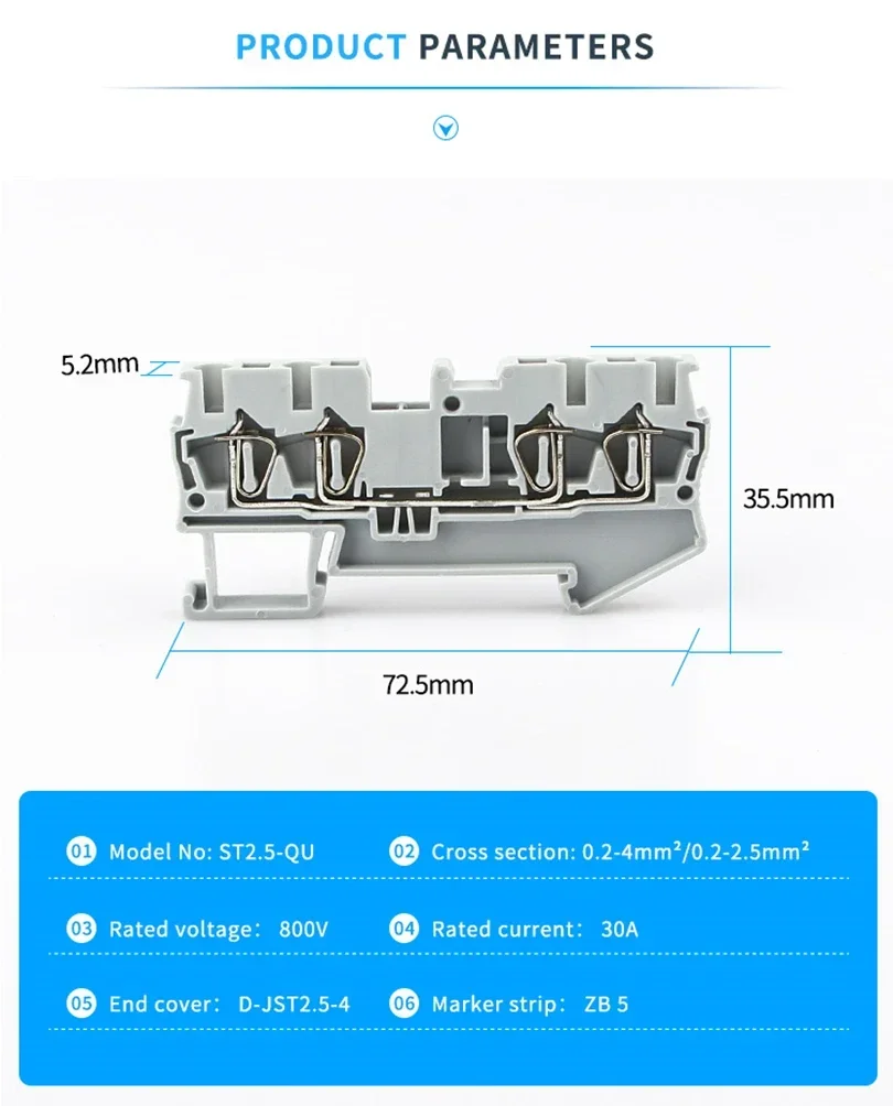 Din Rail Terminal Block 10Pcs ST-2.5-QUATTRO Wire Connectors Return Pull Type 4 Conductors Spring Wiring Terminal Blocks