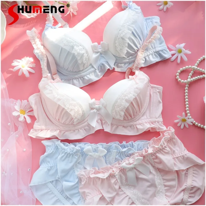 

Japanese Style Silk Lace Intimates Female Thin Push Up Sweet Cute Bra Set Women's Pink Color Lace Bow Design Brief Suits