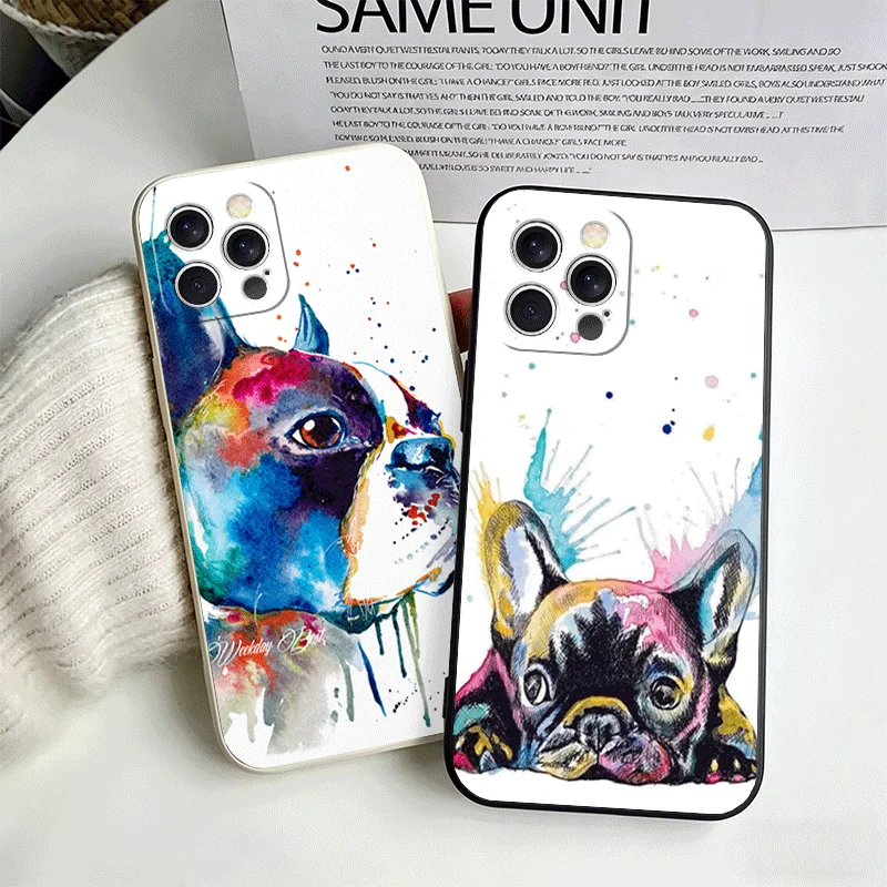 Capa de Celular Macia com Design de Bulldog Francês e Pug para iPhone 16 17 Pro Max 17E 16E 14 15 Plus 12 13 7 8 SE, Capa de Casal Preta e Branca