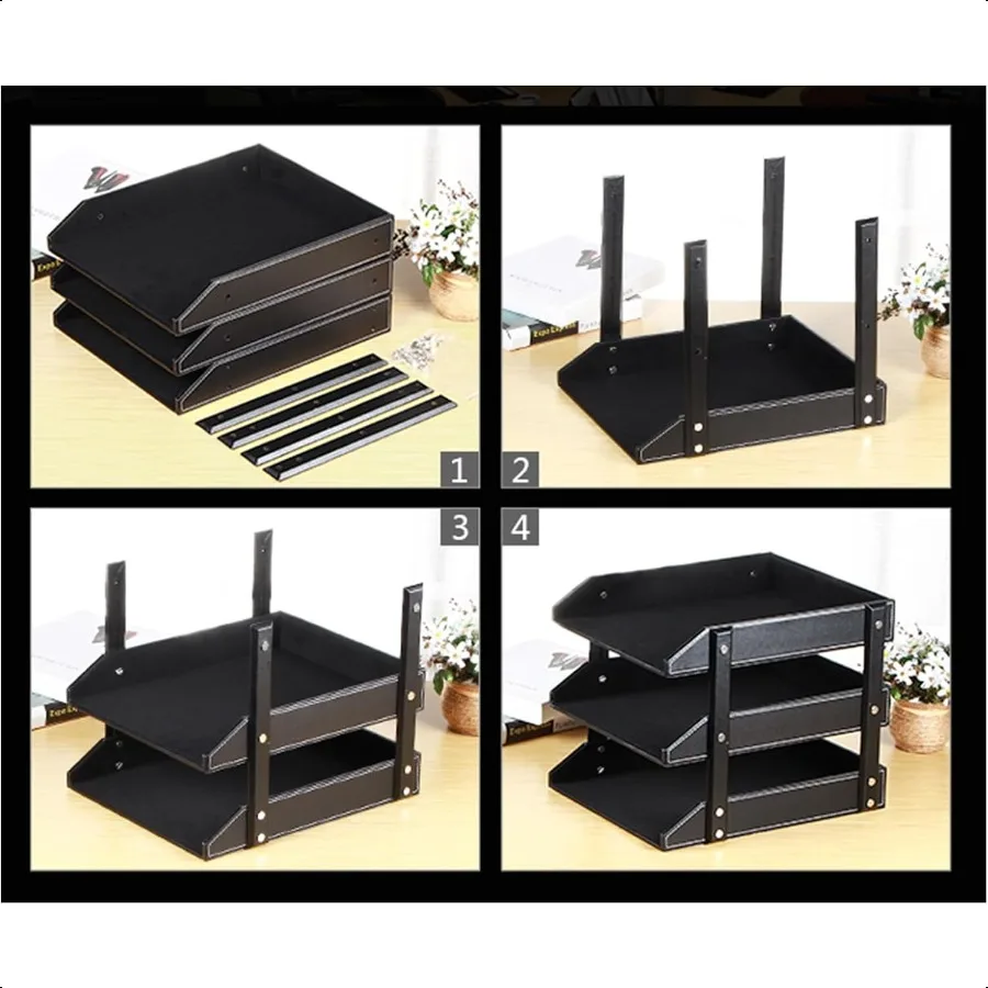 Uniosic 3-слойный лоток для бумаги для документов, лоток для писем из искусственной кожи, настольный сортировщик файлов, черный лоток-органайзер