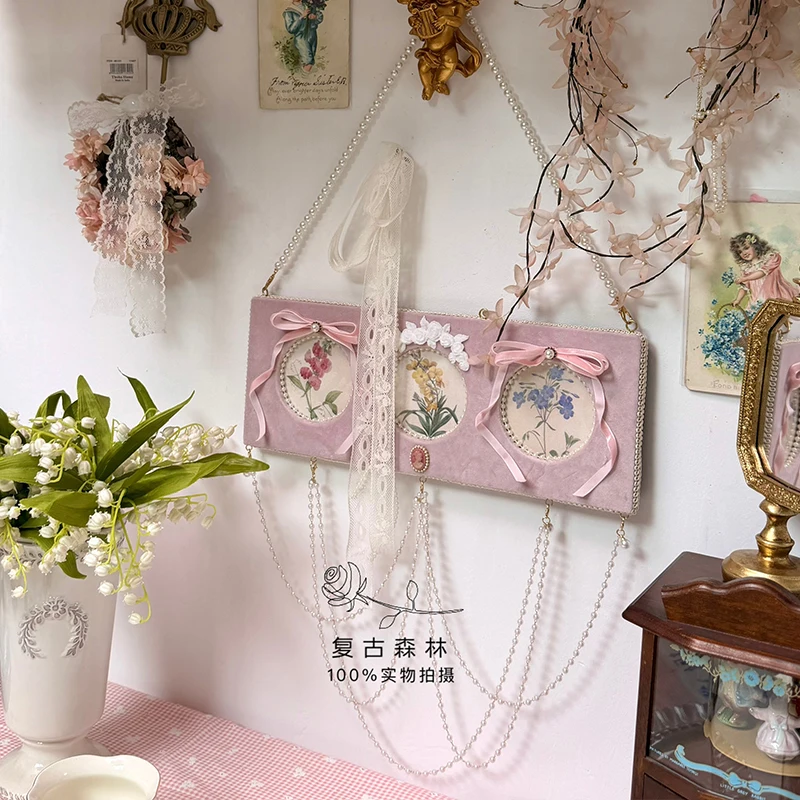 French Court Handcrafted Bowknot Pink Velvet Embossed Picture Frame Wall-mounted Homestay Decorations European-style Pearl Decor