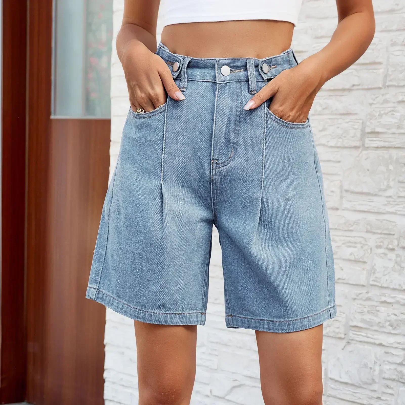 Women short Jeans Knee Length Denim Pants Washing Mid Waist Pockets Zipper Fly Solid 2025 Slight Strech High Street summer