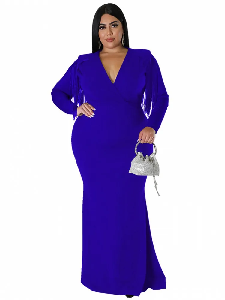 Maxi Long Dress For Women Autumn Winter Body Sexy V Neck Tassel Long Sleeve Dress Evening Party Robe Longue  Vestidos Blue