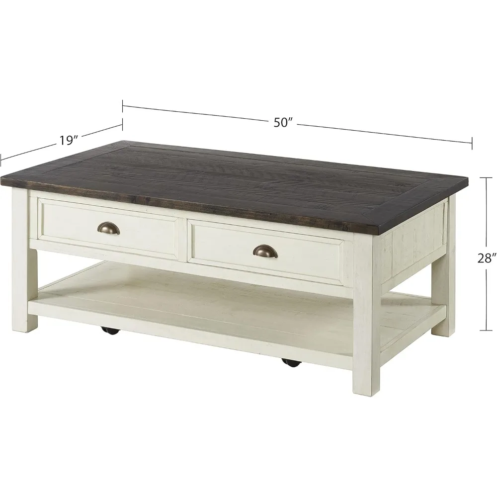 Table basse en bois massif, blanc crème, dessus marron