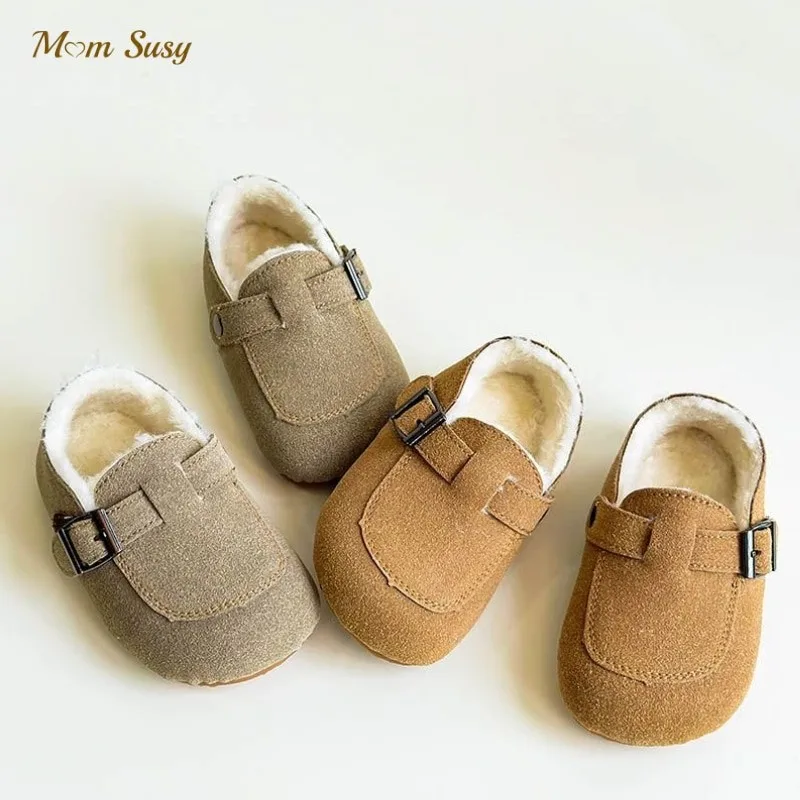 Fashion Baby Girl Boy PU Leather Loafer Flat Shoes Plush Fur Infant Toddler Child Moccasins Winter Buckle Shoes Soft Bottom