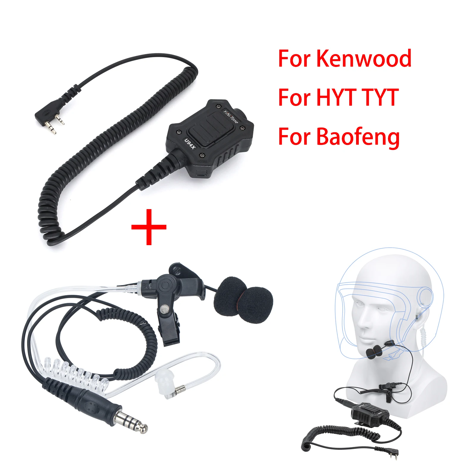 

U94X PTT+Helmet Air Tube Microphone for Kenwood TK-240, HYT TC2685, UV-5RA - Clear Sound, Easy Setup, Secure Fit