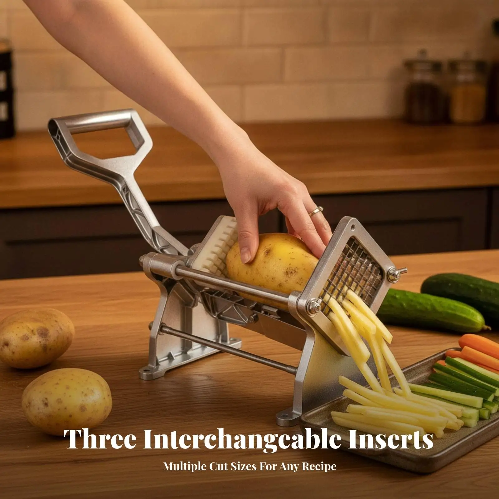 Vegetable Cutter Interchangeable French Fry Cutter Potato Cutter with Suction Feet Tabletop for Home Cooks, Kitchen Countertop