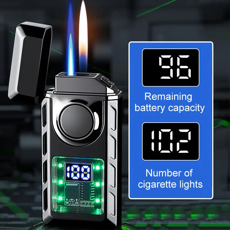 Intelligent Dual Flame Transparent Color Light Visual Movement Inflatable Windproof Lighter Ignition Frequency Display