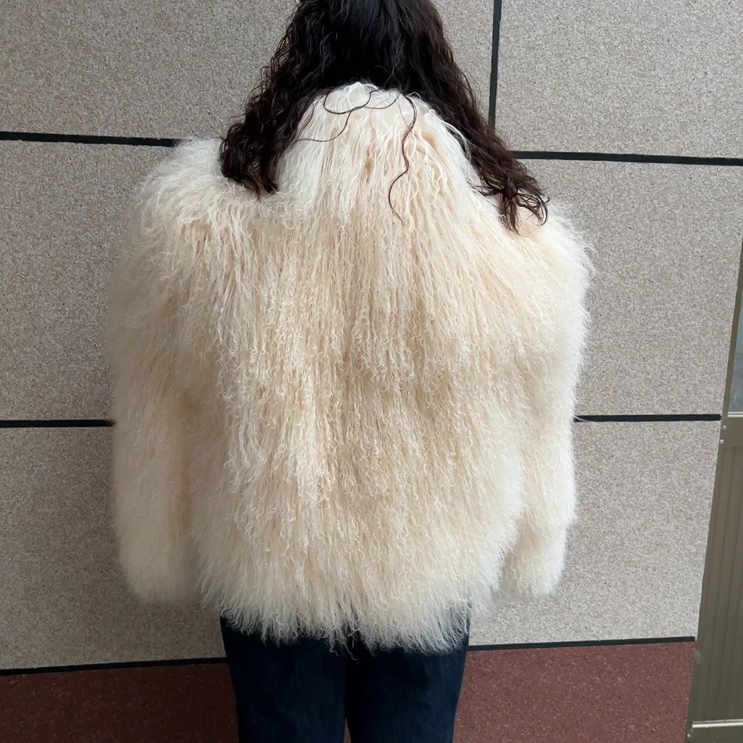 HUAQIUMEISI Women's Real Mongolian Fur Coat Winter Fashion Mongolia Sheepskin Coat Trend Curly