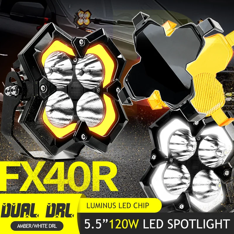 120W LED Car Driving Lights 5 inch White & Yellow DRL Combo Beam 12V 12000LM Auxiliary Work Pods Cubes Light for 4x4 Off-road