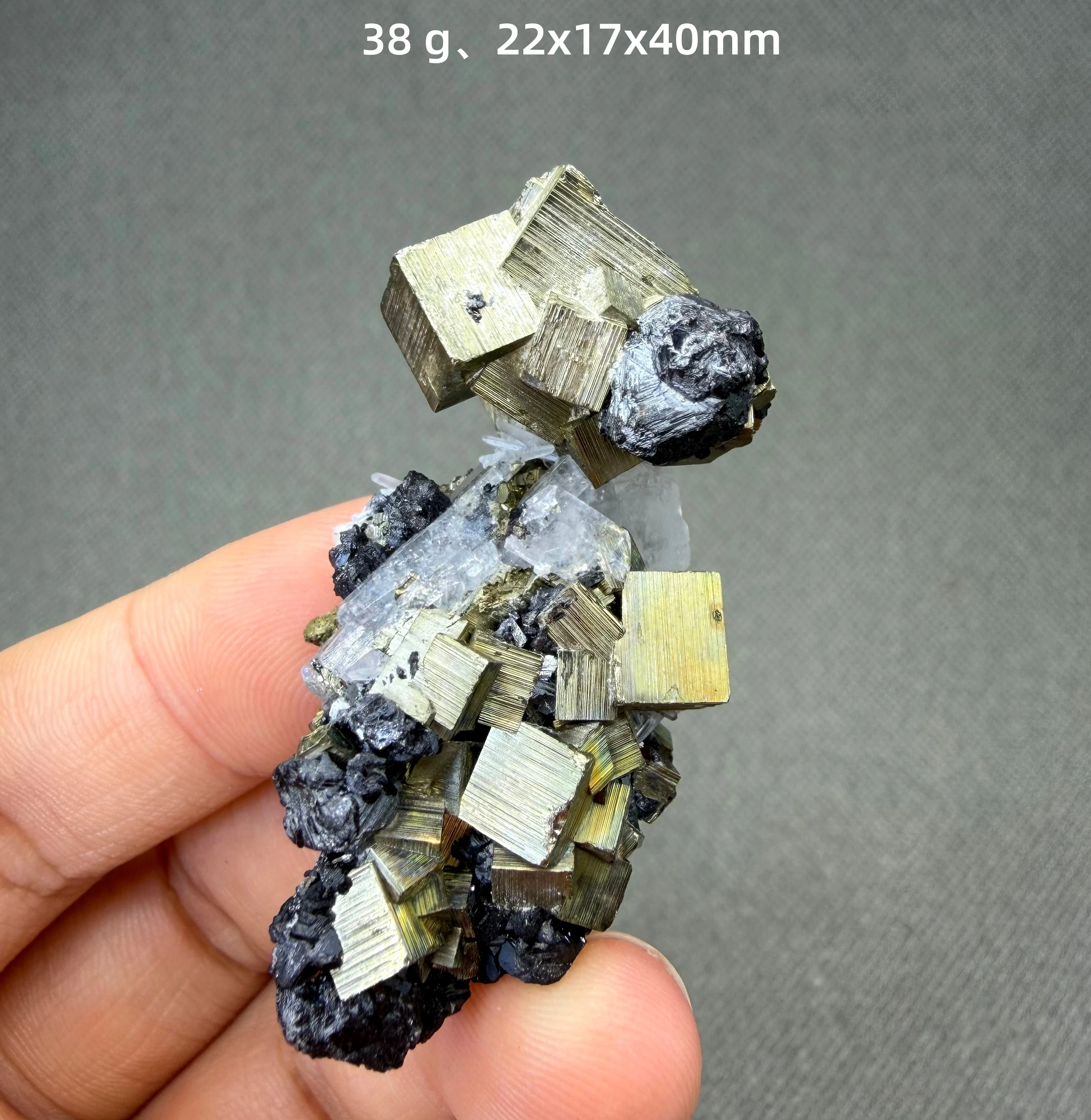 38 g Natural Polyhedral Pyrite with Fluorescent Calcite mineral specimen + healing quartz crystals and stones rock