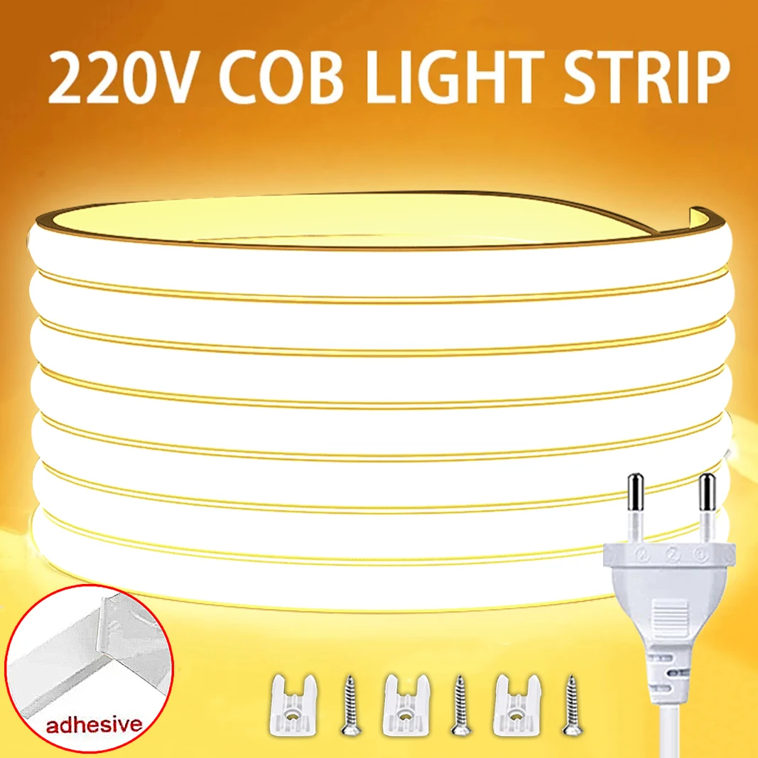 1M-25M 220V Cob LED Strip Light Waterproof COB LED Tape EU Power Plug Flexible Ribbon Lamp For Bedroom Kitchen Outdoor Decor