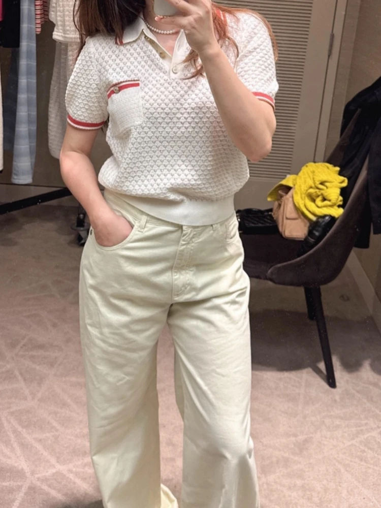 

Весна 2026, ранняя новинка Sle College Color Blo, ажурный ort Sve irt, прозрачный женский вязаный топ в американском стиле ретро