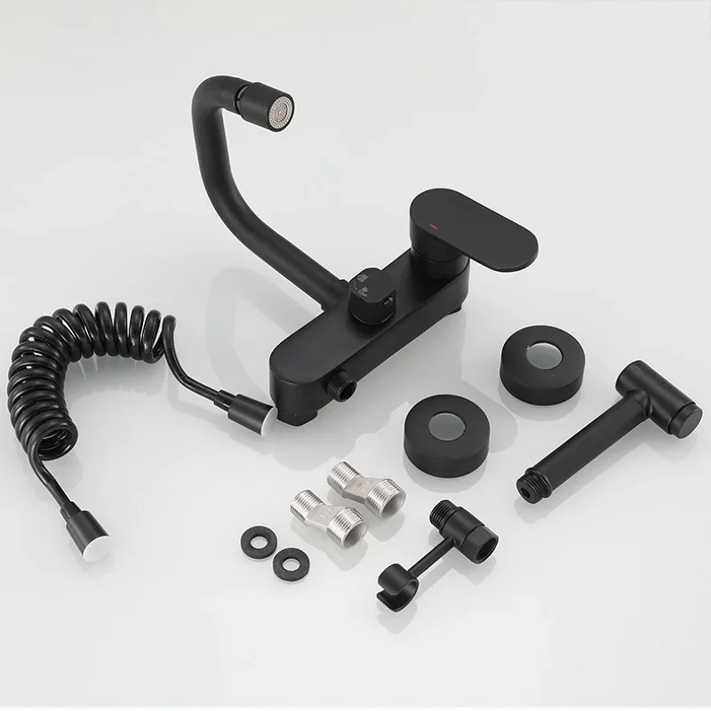 Black Brass Bathroom Bathtub Faucet With Shower Head Bidet Sprayer Wall Mounted Kitchen Faucet Swivel Nozzle Hot Cold Mixer Tap view 6