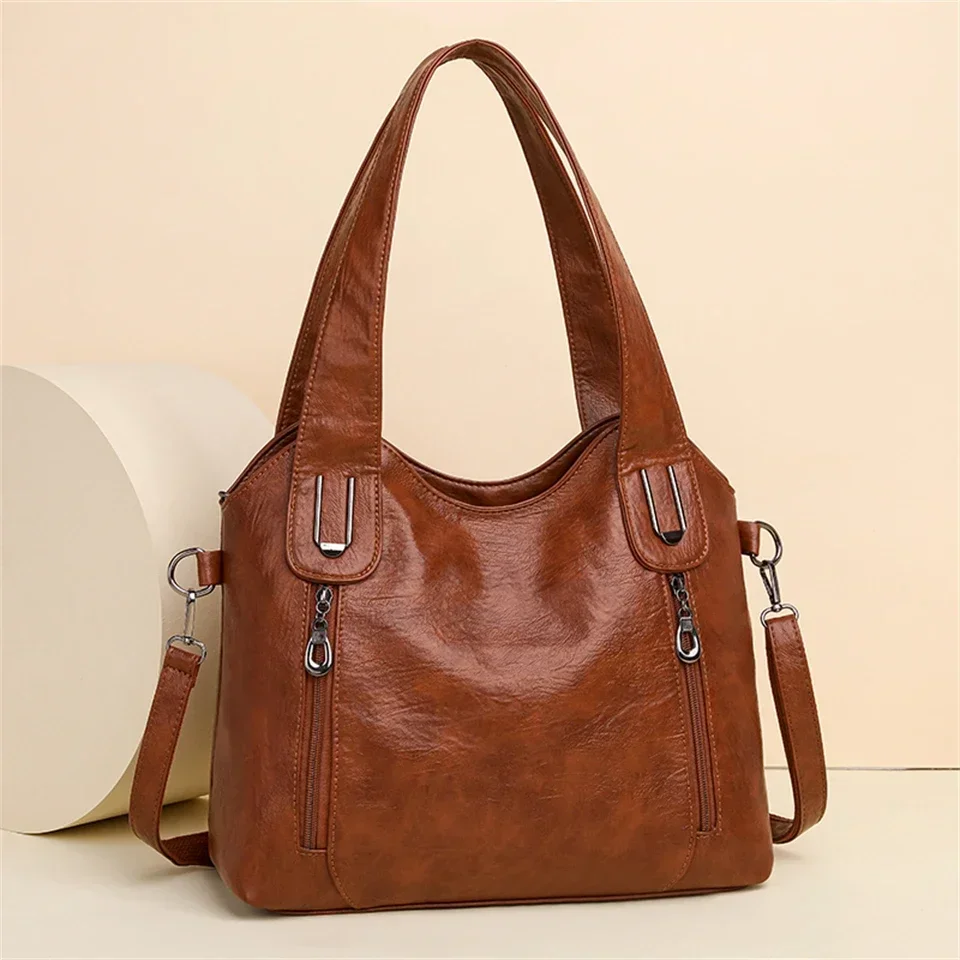 

Solid Color Soft Leather Handbag For Women Large Capacity Shoulder Bags Large Shopper Bag Crossbody Handbag Lady Travel Tote Bag