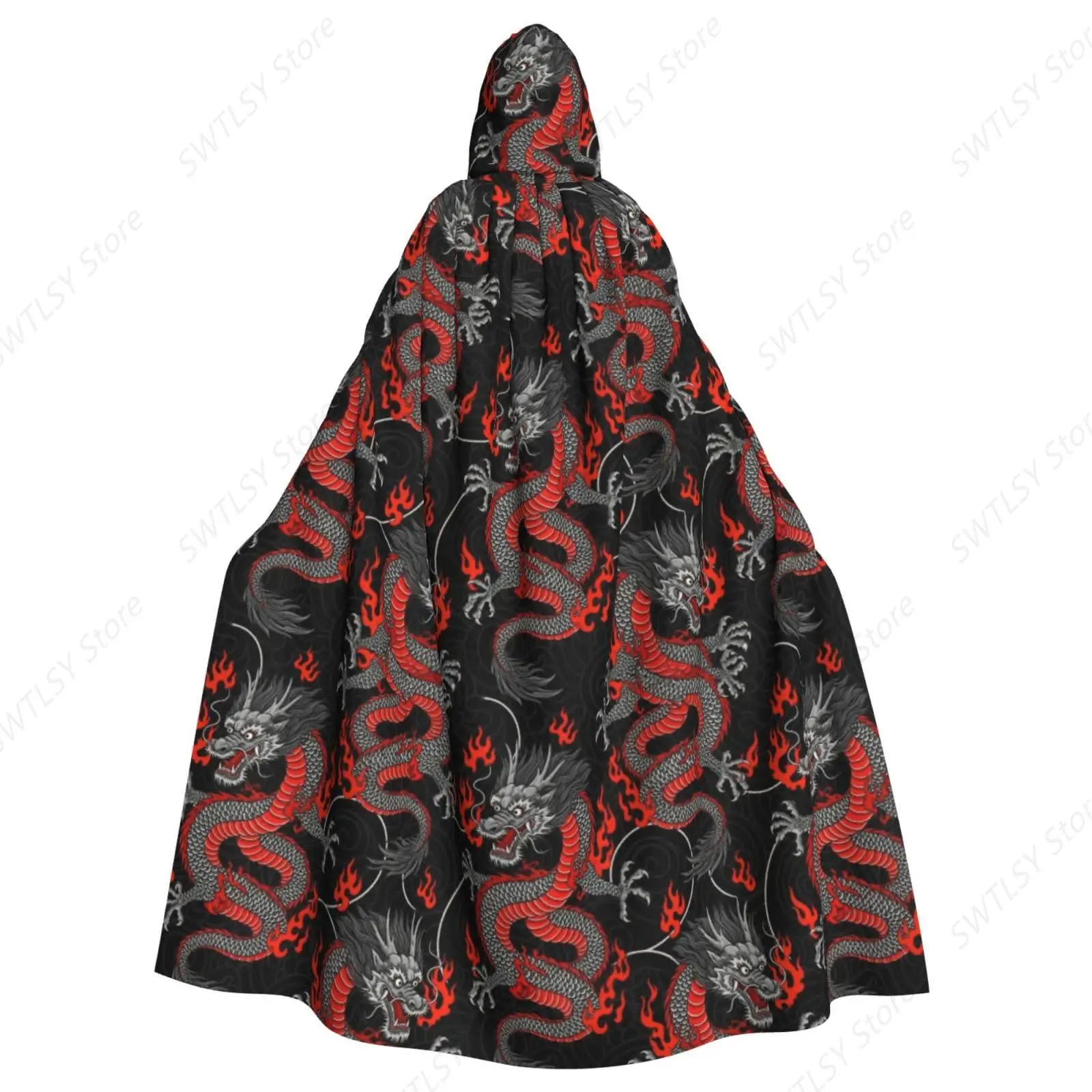 Hooded Halloween Costumes Compatible with Black Red Chinese Dragon Art, Women Men Hooded Cloak Robe for Cosplay Parties