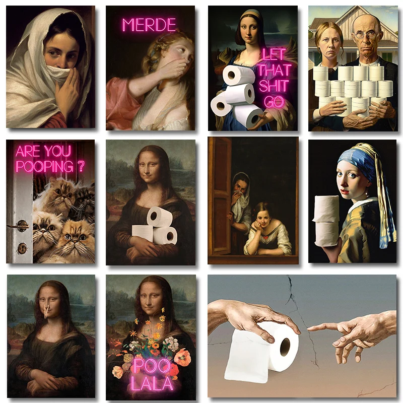 1pc frameless Canvas Painting Funny Bathroom Toilet Poster Mona Lisa and Wearing Pearls Girl with Roll Paper Canvas Painting Pri