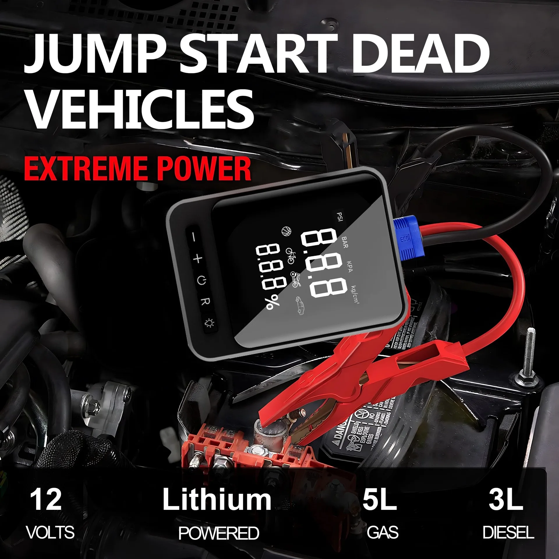 Car Air Inflator Jump Starter All-in-One Portable Vehicle Emergency Starter LED Flashlight and Single-Cylinder Electric Air Pump