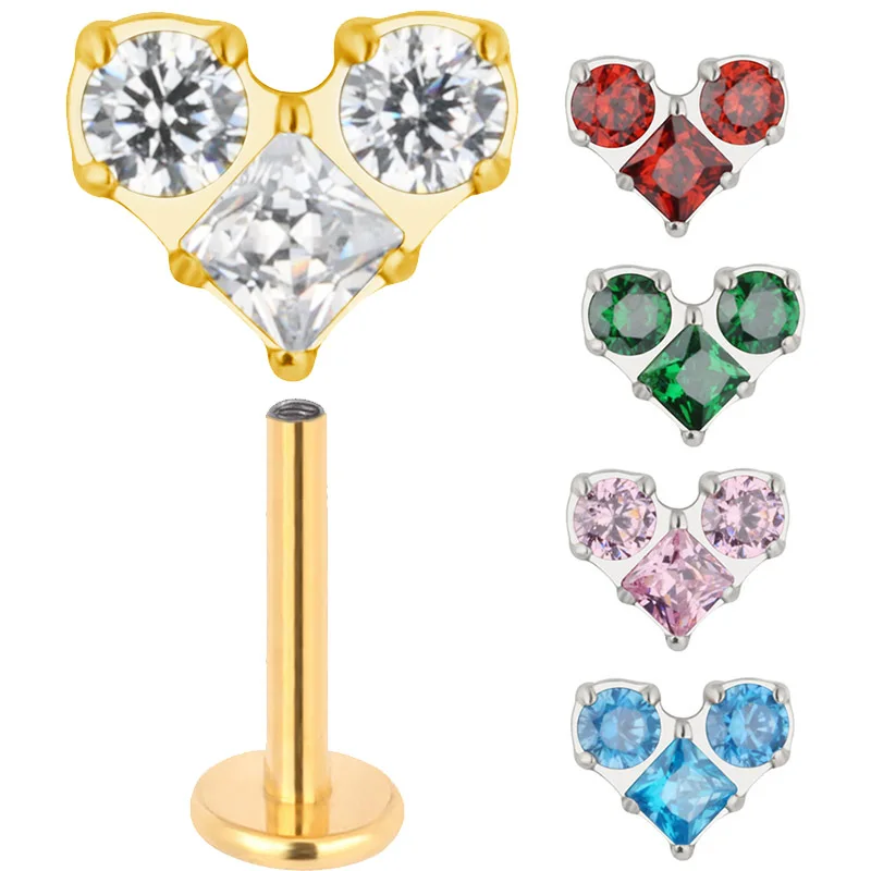 ASTM F136 Titanium EAR PIERC Double Round CZ and Square CZ Paved Top Threaded Labret Studs Tragus Lip Tongue Piercing Jewelry