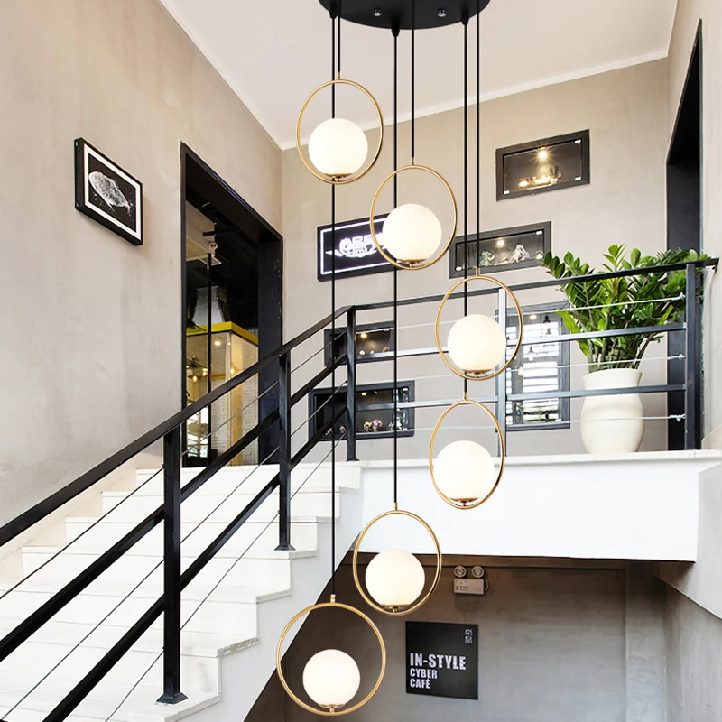 

Nordic Villa Stair Long Pendant Lamp postmodern Simple Light Luxury Duplex Building Living Room Big Chandelier Glass Ball Lights