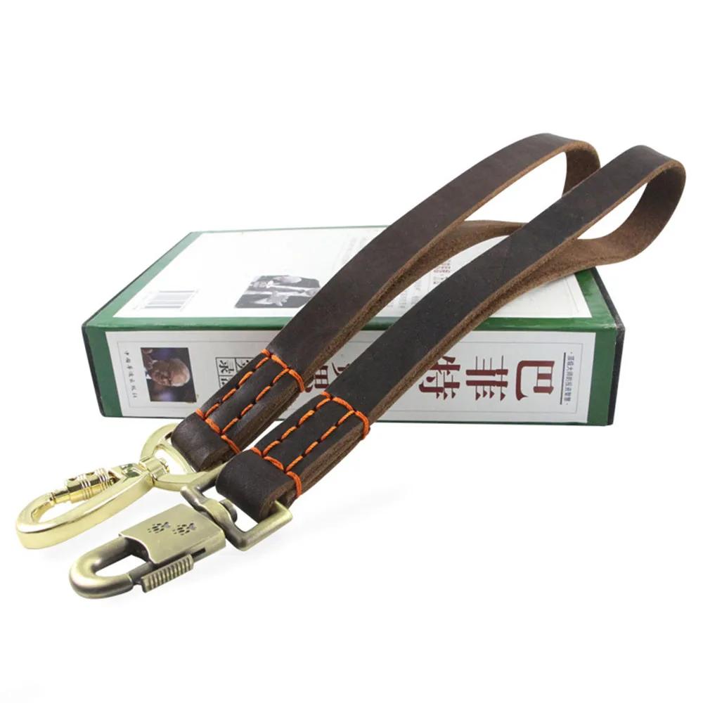 Durable Short Genuine Leather Dog Leash Trafic Dog Lead for Big Dogs Extra-Large Breeds Dogs Training Leash with Padded Handles