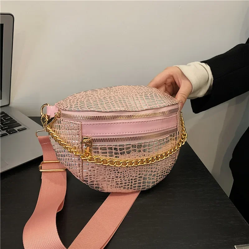 Luxury Chain Waist Bag For Women Pu Leather Fanny Pack Small Stone Pattern Saddle Crossbody Bag Female Versatile Travel Belt Bag