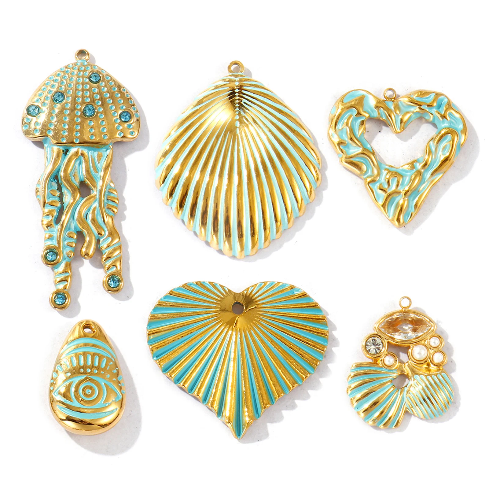 1 Piece Waterproof 304 Stainless Steel Ocean Charms 18K Gold Plated Green Enamel Shell Jellyfish Heart Pendants For DIY Necklace