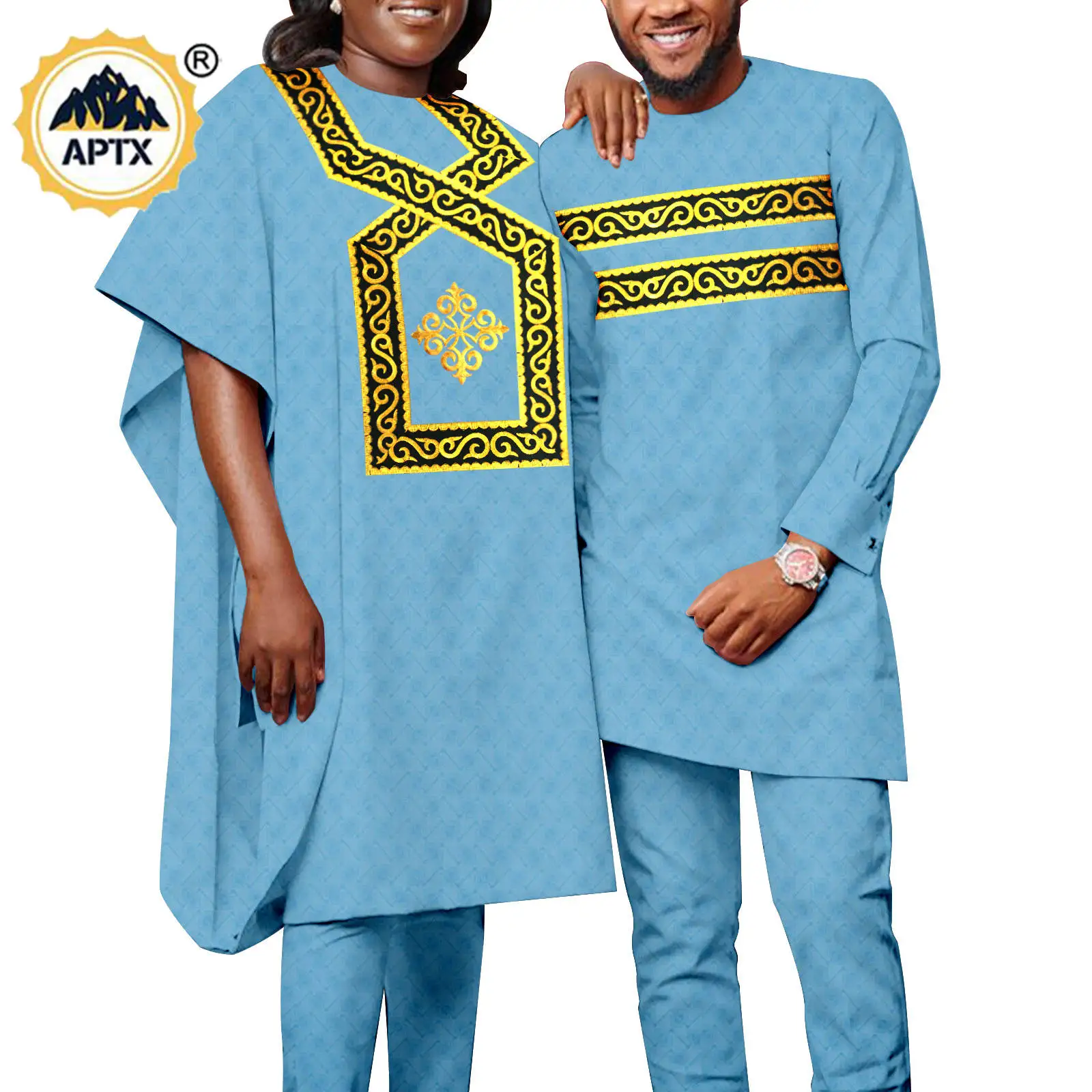 African Women Clothes Bazin Riche Robes 3 Pieces Agbada Matching Outfit for Couples Muslim Men Top and Pants Sets Kaftan Y23C049