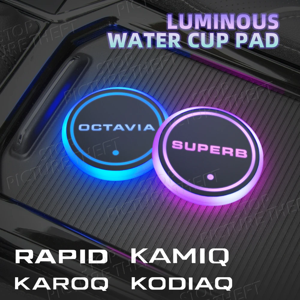 For Skoda Octavia Rapid Kodiaq Karoq Kamiq Superb vrs Logo Emblem Led Car Water Cup Mat Drink Holder Auto Interior Decorative