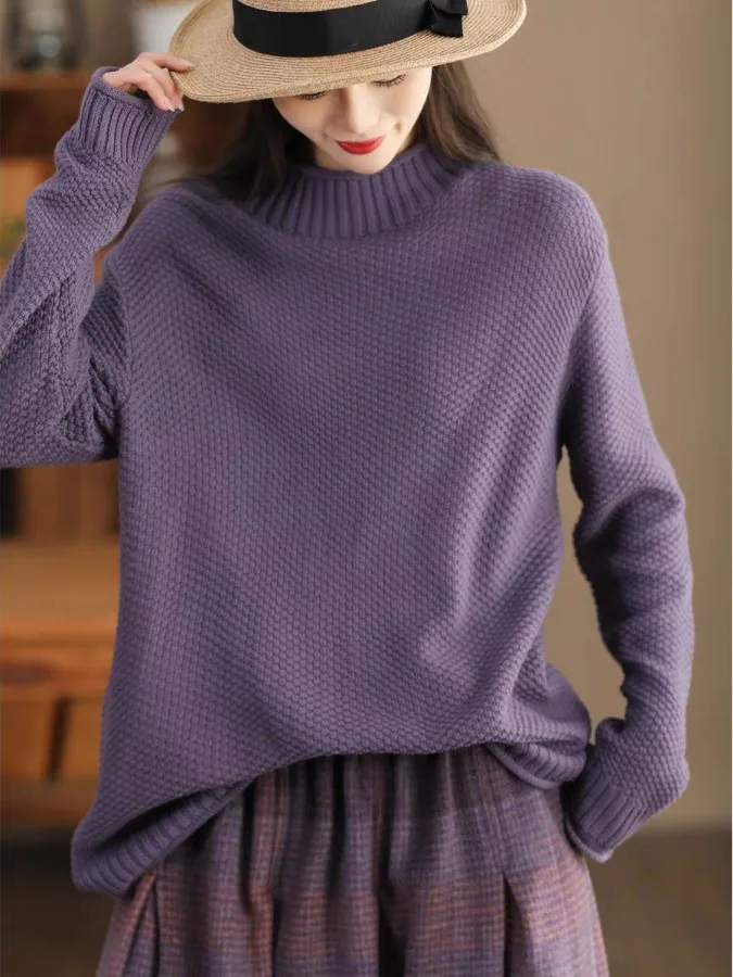 

Женский повседневный хлопковый трикотаж с высоким воротником, свободный крой, свитер больших размеров, осень-зима, удобный вязаный топ