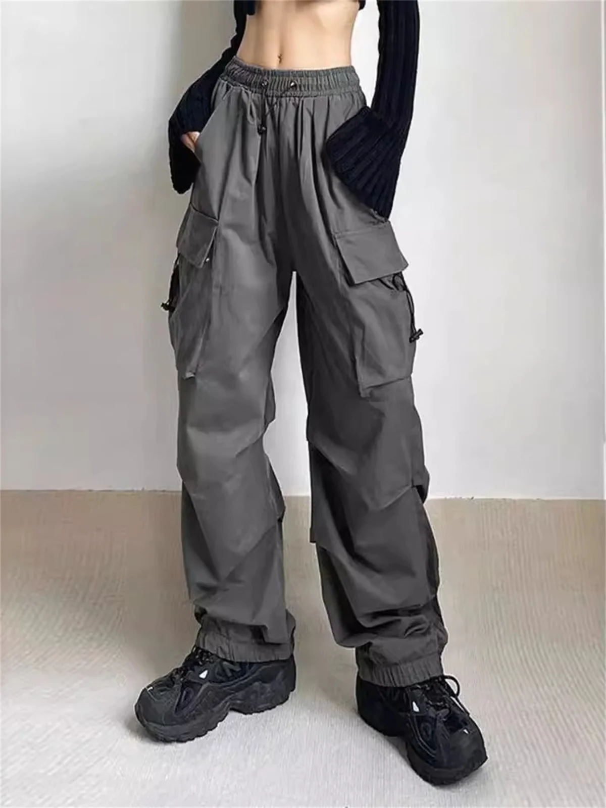 Y2K Parachute Black Pants Women Hippie Streetwear Oversize Pockets Cargo Trousers Harajuku Wide Leg Baggy Sweatpants