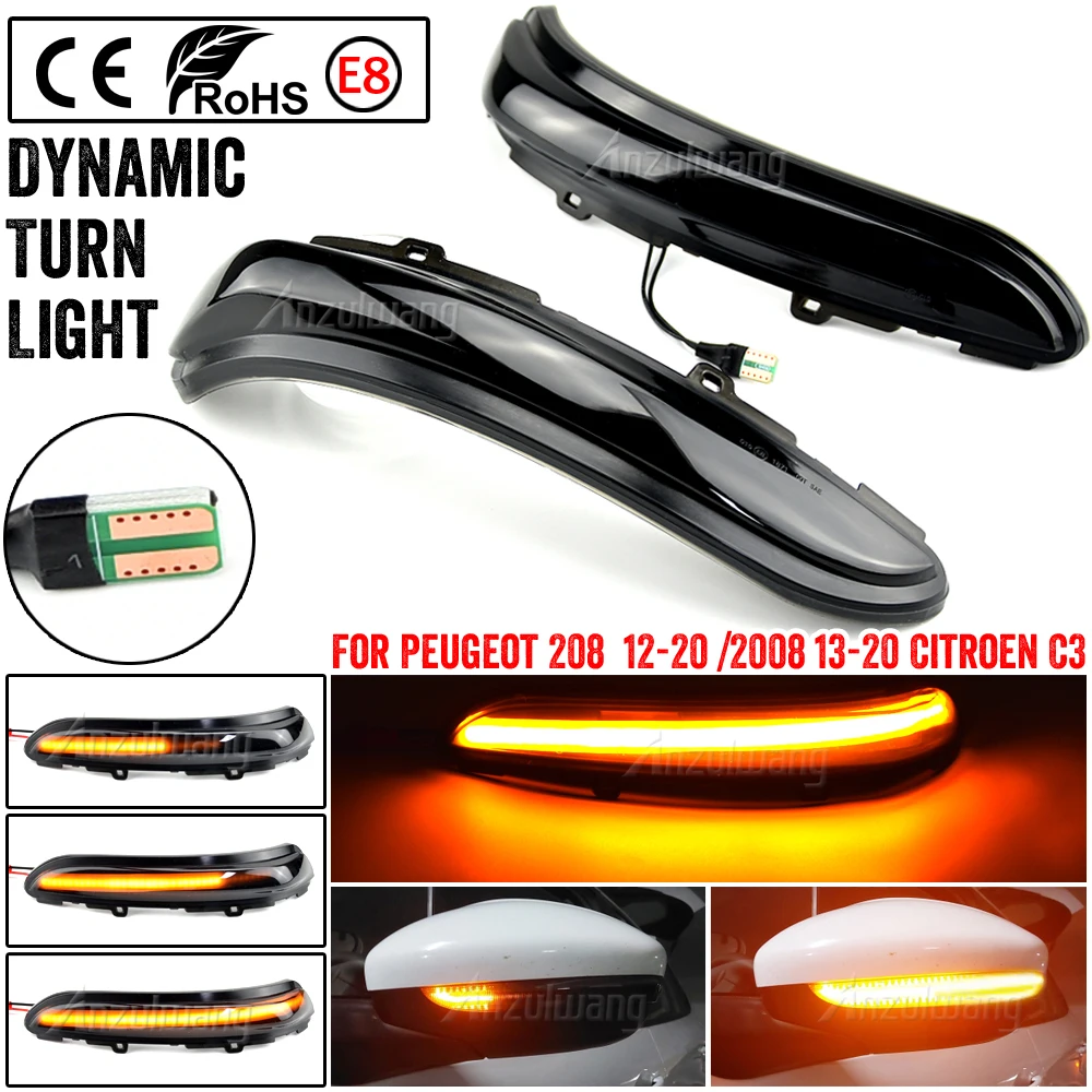 2Pcs For Peugeot 208 2008 2012 2013 2014 2015 2016 2017 2018 2019 2020 Citroen C3 Dynamic LED Side Mirror Blinker Flowing Light