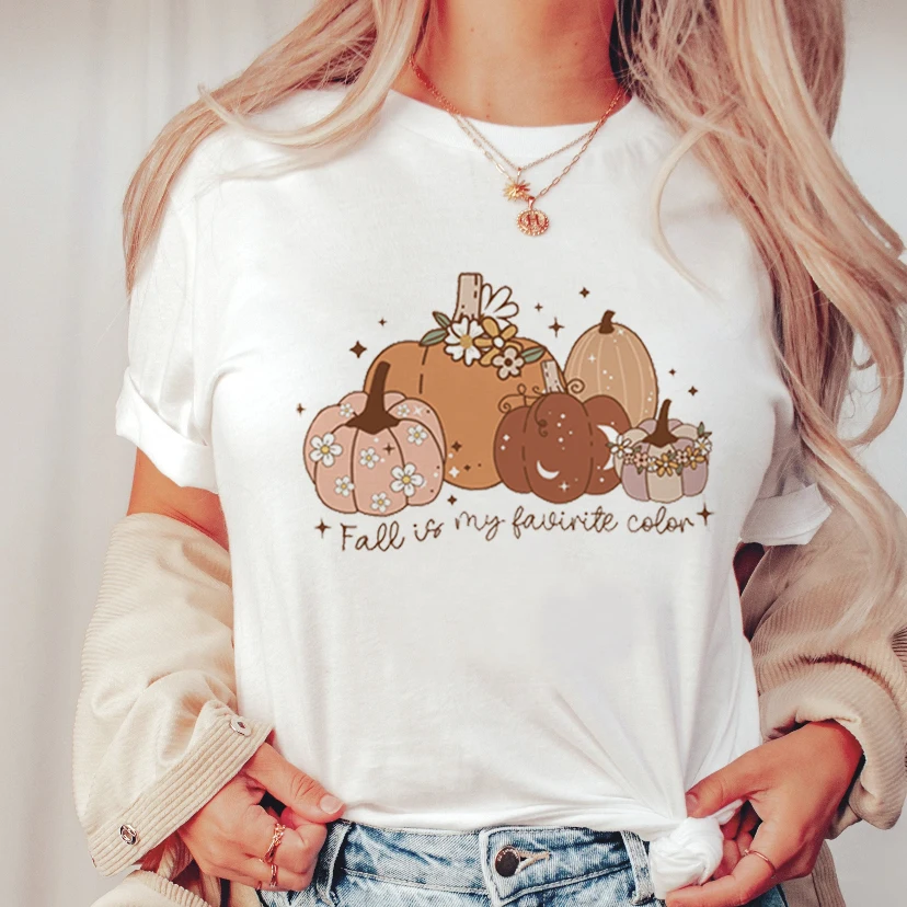 T-Shirt Clothing Printing Women\'s Halloween 90s Trend Short Sleeved T-Shirt Women\'s Casual Cartoon Pumpkin Pattern White T-Shirt