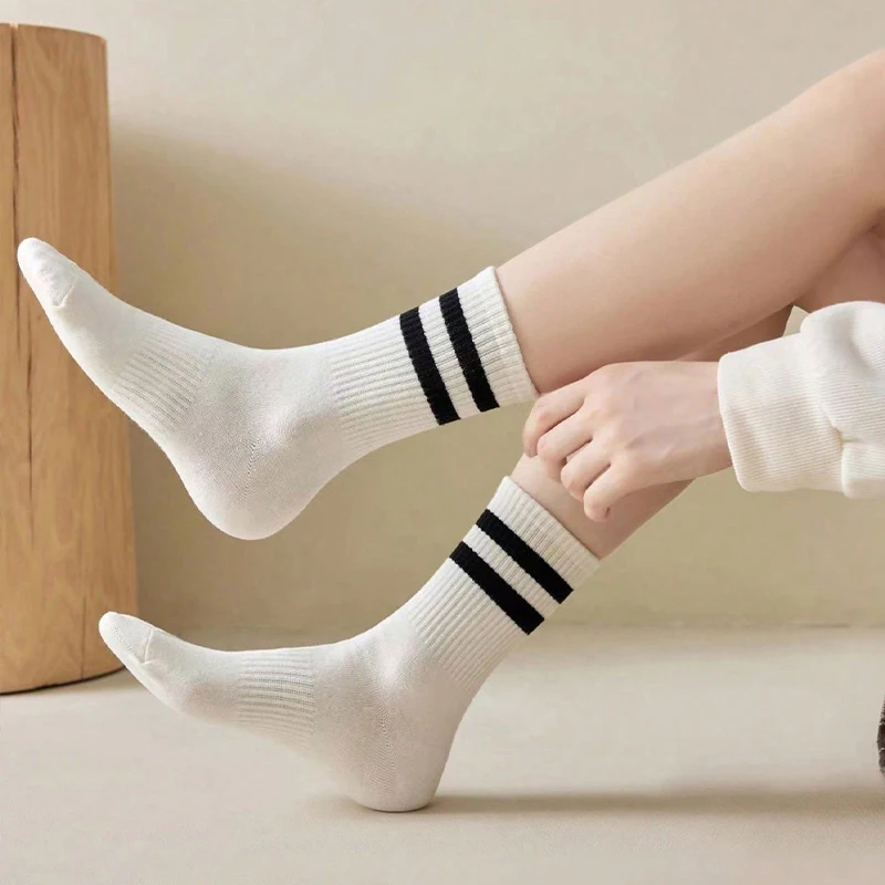 6 Pairs Women's Mid-Calf Socks Non-Slip Ribbed Cuff 2-Stripe Solid Color Athletic Casual Ankle Socks