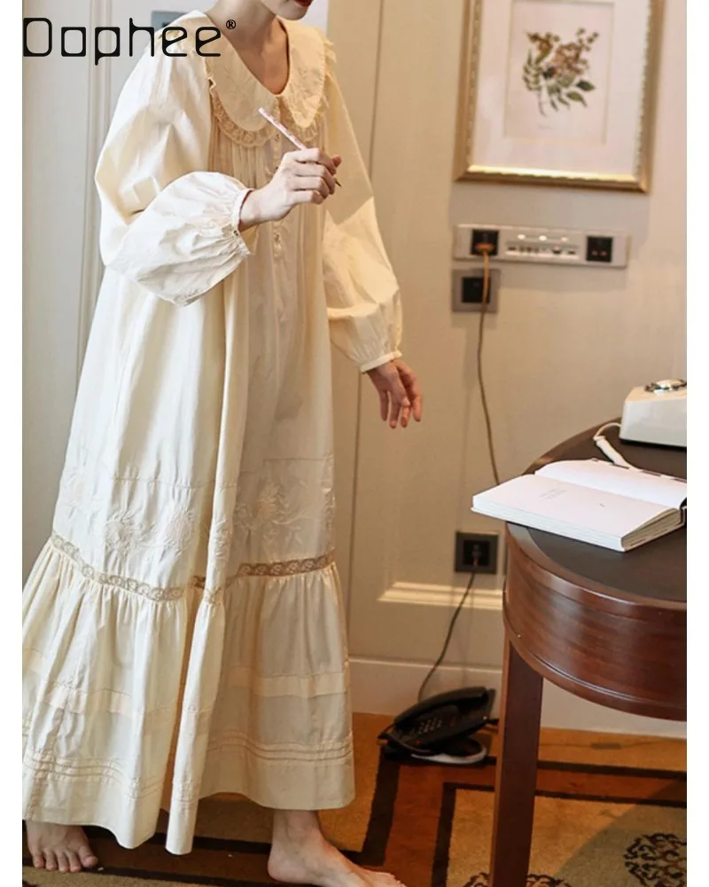 Soft and Retro French-style Princess-style Nightgown with Ruffled Lace Collar Frilly Balloon Sleeves Loose-fitting Women Home