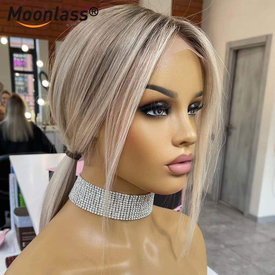 Krótkie Ash Blonde Peruki Ludzkie Włosy Ombre Highlight Peruka 180% Gęstość Bone Straight Peruka 13x4 Lace Front Ludzkie Włosy Peruki Dla Kobiet