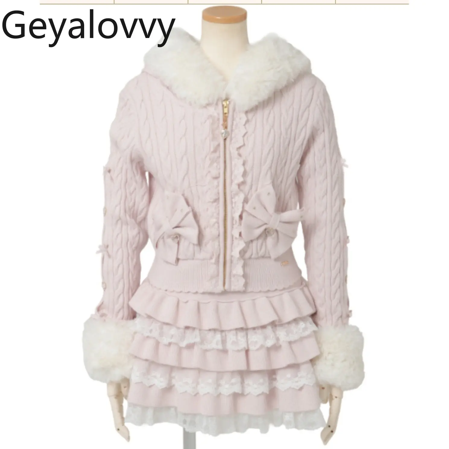 

Sweet and Cute Girls' Hooded Plush Zipper Knitted Jacket and High Waist Cake Short Skirt Two-Piece Set for Autumn and Winter