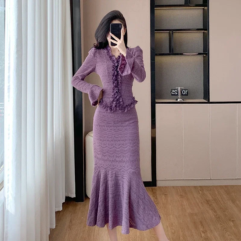 

Корейский стиль, модный женский комплект из двух предметов, осенний комплект с рюшами и v-образным вырезом, сексуальный модный топ с расклешенными рукавами + юбка с рыбьим хвостом, элегантные кружевные комплекты