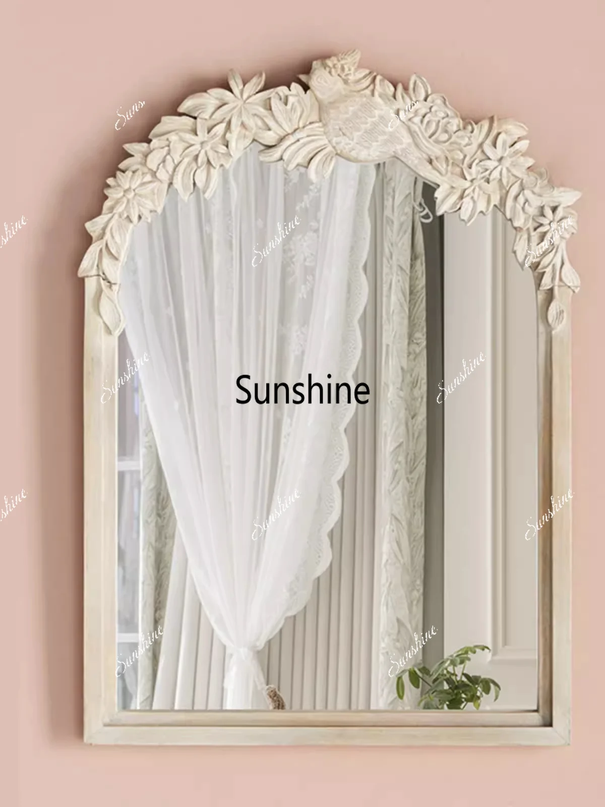 French retro bathroom vanity mirror solid wood carving flower decorative mirror