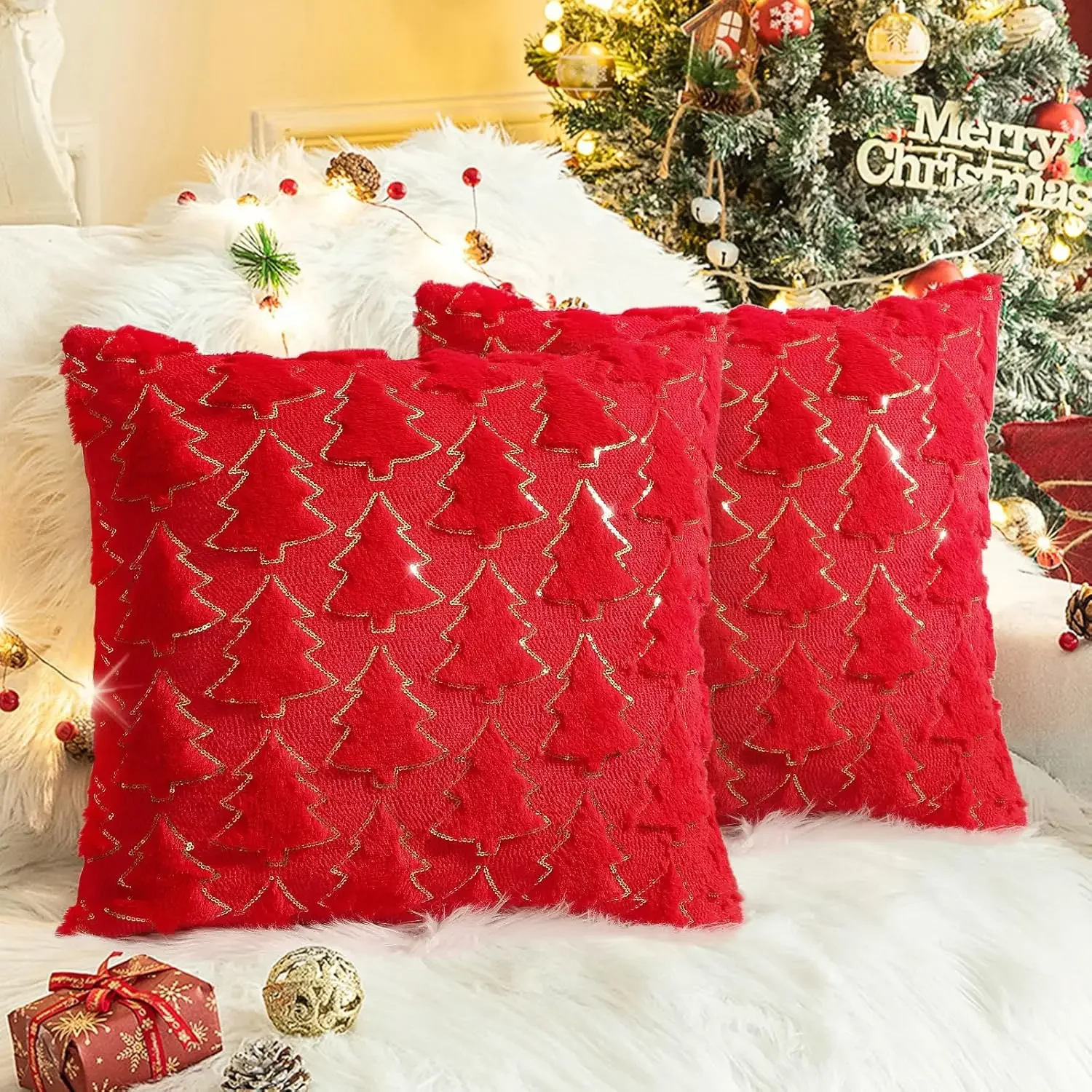 Red Christmas Tree Pillow Covers 18x18 Inch Soft Plush Faux Fur Decorative Luxury Jacquard Throw Pillows Pillowcases for Couch