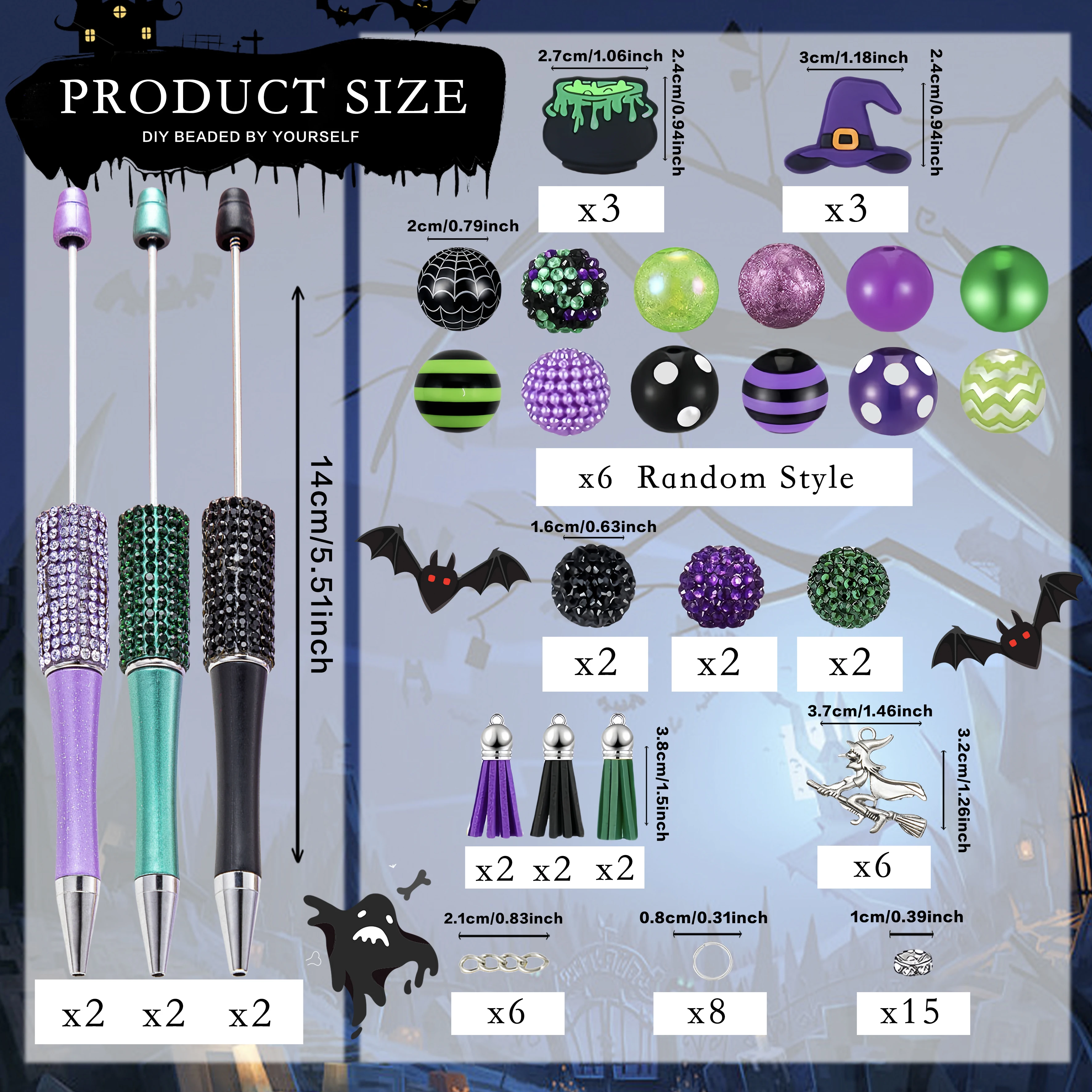6PCS/SET Purple Green Black Witch Style DIY Beaded Pens, Halloween Style Ballpoint Pens, Suitable for Study, Writing and Office
